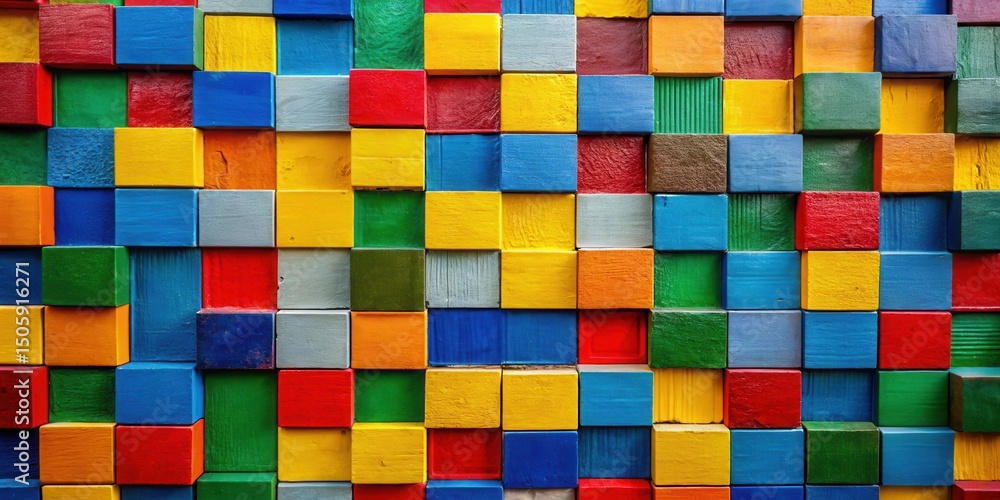 Fototapete An abstract colorful pattern formed by arranging various shades of painted wooden blocks in a grid-like arrangement.