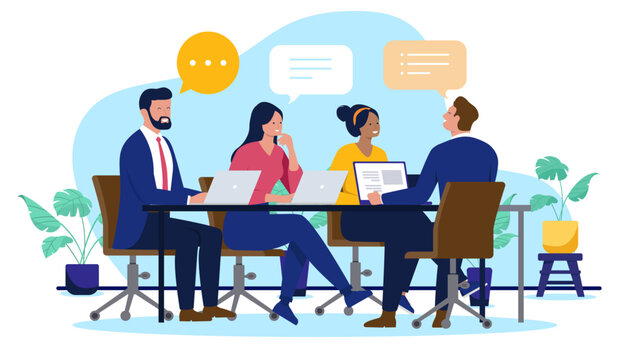 Diverse business professionals engaged in lively discussion and idea exchange during a collaborative office meeting, utilising laptops for teamwork and planning. Flat design vector illustration