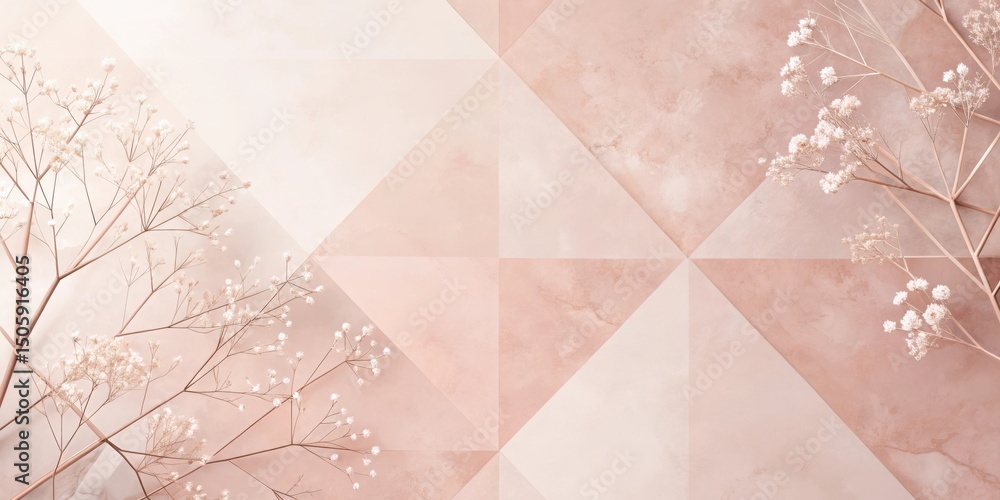 Poster delicate white blossoms arranged on a soft pink geometric background, creating a subtle and elegant 