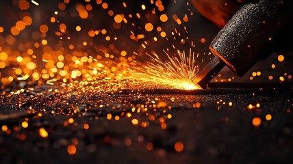 Sparks fly as a metal surface is processed, creating a dynamic, illuminated scene.