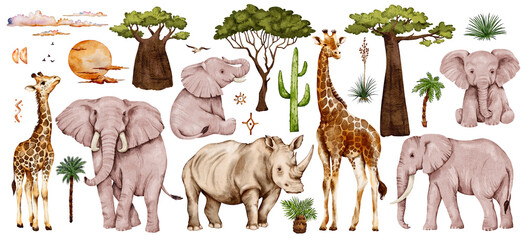 Watercolor set on safari theme. African animals, leaves, trees, sky elements, shapes and backgrounds. Elements of Africa. Children's illustration with elephants and giraffes on white background. 