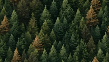 Obraz premium Vast expanse of a coniferous forest canopy, a natural mosaic of verdant green and earthy brown pine trees