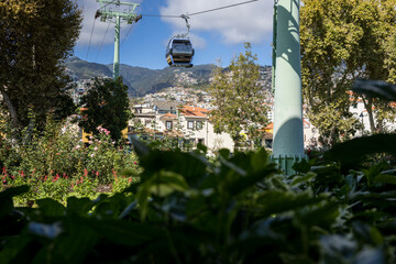 Cable car in Funchal arriving to ground station from Monte. Madeira island, Portugal.