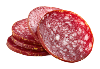 Slicing delicious salami for gourmet recipes kitchen food bright lighting isolated on transparent background