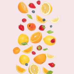 Summer fruit on a pink background. Healthy food concept.