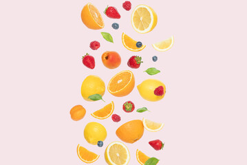 Summer fruit on a pink background.