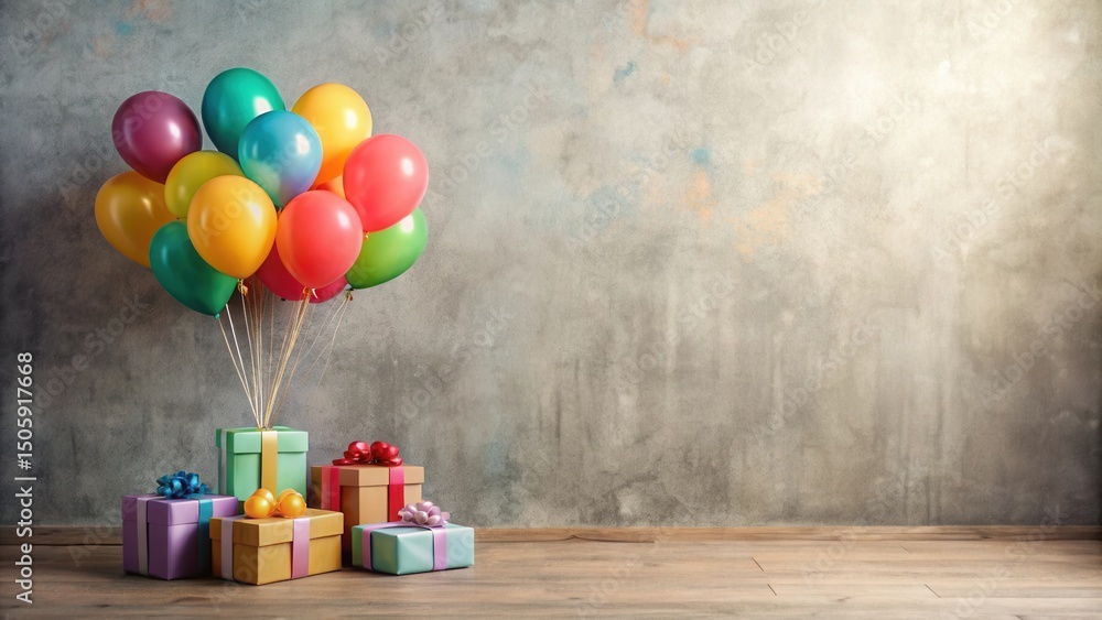 Poster a cluster of colorful balloons tied together with ribbon, floating above a collection of wrapped gif