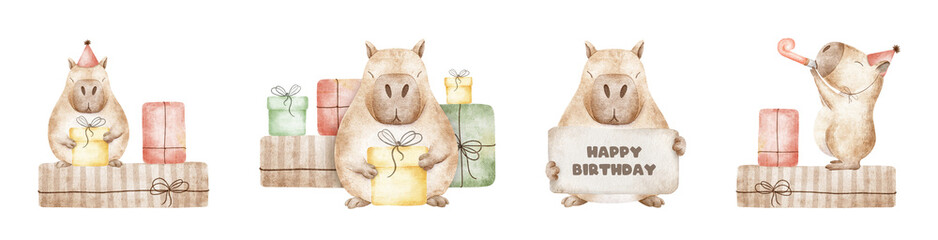 Happy birthday set of Capybara with gift boxes, party hats and whistle. Watercolor collection of Isolated hand drawn illustrations decoration for holiday, card, poster, congratulation, anniversary