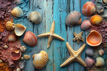Colorful seashells and starfish on a distressed wooden surface.