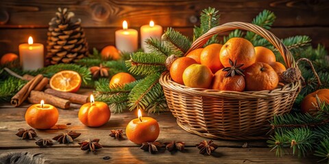 A Cozy Winter Scene With A Basket Of Oranges, Candles, Cinnamon Sticks, And Pine Branches