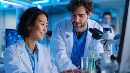Medical researchers collaborate in a laboratory setting while analyzing samples under bright lights