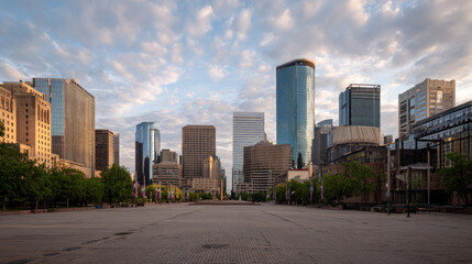 A city's skyline of commercial buildings is seen from an empty plaza.