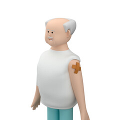 Senior male character with grey hair and bandage on his shoulder after vaccination, 3d render
