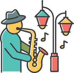 Musical Serenade: An artistic illustration depicts a musician lost in the moment, playing a saxophone beneath the gentle glow of a street lamp, as musical notes dance in the air.