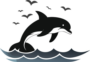 Obraz premium Dolphin Leap: A stylized illustration of a dolphin leaping from the ocean waves, surrounded by seabirds. 