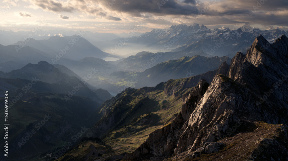 Poster a scenic view of a mountain range with clouds and fog rolling through the valleys at sunset light