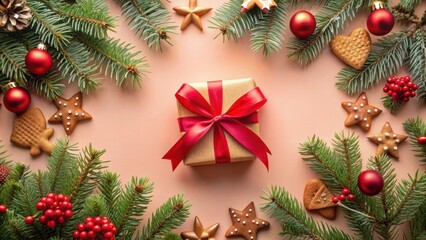 A festive Christmas gift with a red ribbon surrounded by pine branches, red ornaments, and gingerbread cookies.