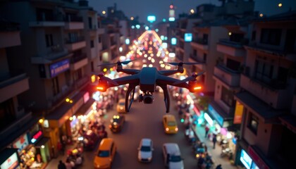Drone Flying Over City Street at Night