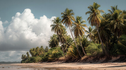 Obraz premium Tropical beach scene with palm trees and large clouds on a sunny day by the shore of the ocean