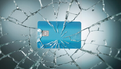 Credit card breaking through glass background  