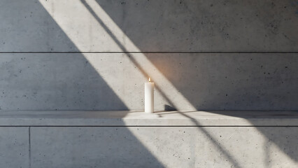 Single lit candle on a concrete ledge