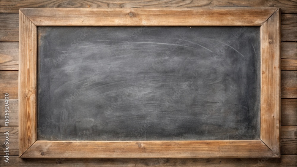 Poster a blank chalkboard with a rustic wooden frame, ready for your message