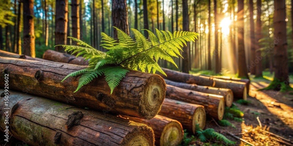 Aufkleber Sunlight filters through the trees, illuminating a fern perched atop a pile of felled logs, a testament to the cyclical nature of life and renewal in the forest.