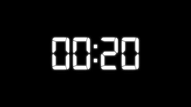 Digital Simple 25 seconds countdown timer animation from 25 to 0 seconds on transparent background with alpha channel, countdown. 4k video