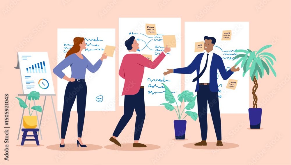 Poster Dynamic business team collaborating on innovative strategies and solutions in a modern office workshop environment for project development and growth planning. Flat design vector illustration