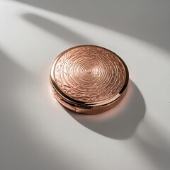 Rose gold compact glowing under soft studio lighting on white.