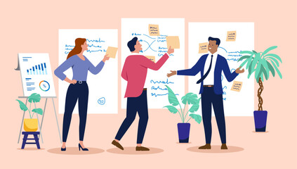 Dynamic business team collaborating on innovative strategies and solutions in a modern office workshop environment for project development and growth planning. Flat design vector illustration