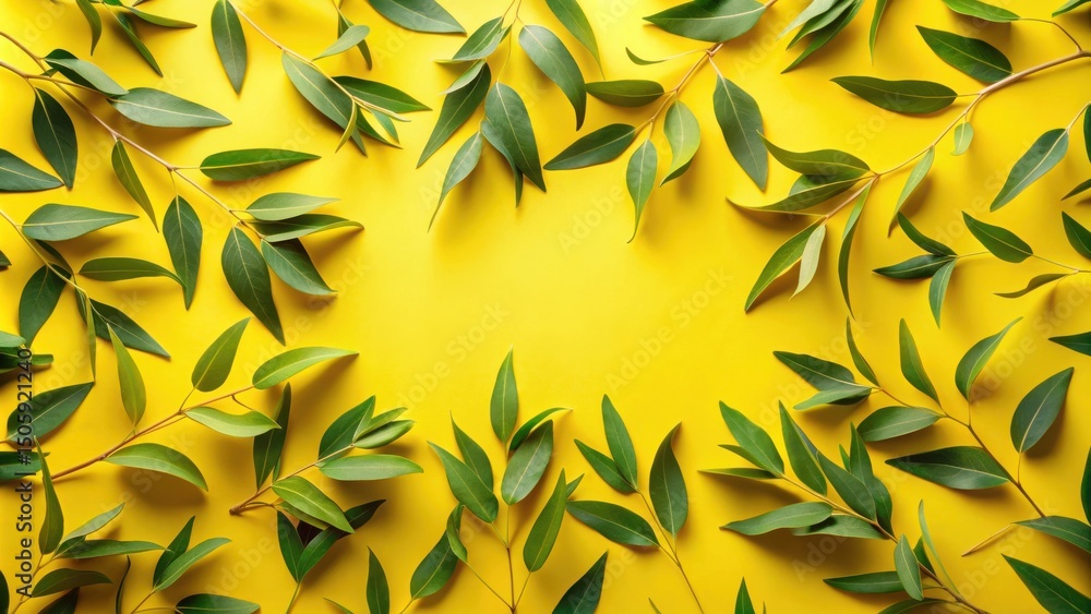 Poster a vibrant yellow background is adorned with a captivating arrangement of delicate green leaves, crea