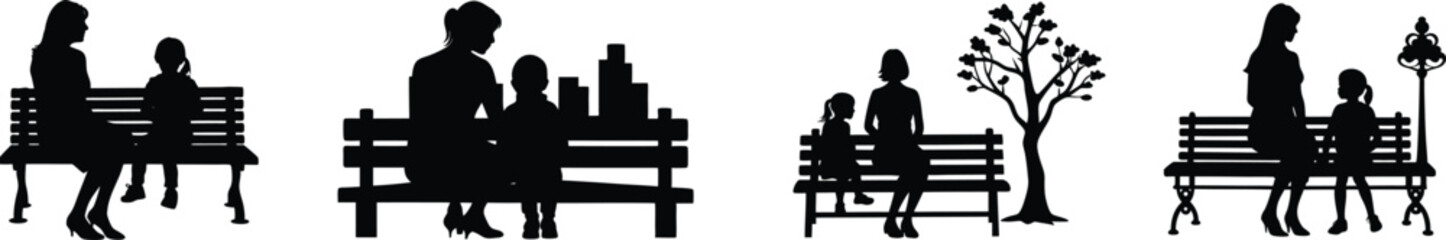 vector of mother and daughter sitting on a bench, park bench black silhouette, silhouette of a mother and daughter.