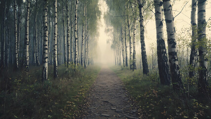Obraz premium Misty Path through the Birch Grove