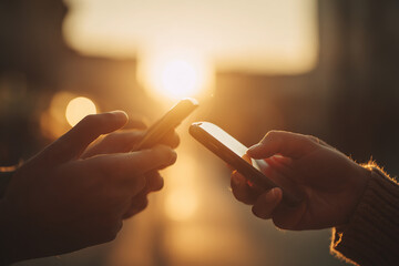 Two people connecting with their smart phones against a sun light