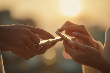 Two people connecting with their smart phones against a sun light