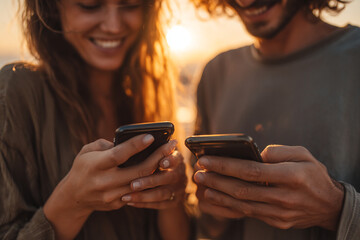 Two people connecting with their smart phones against a sun light