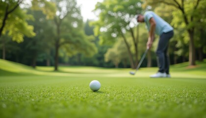 Golf Ball on Green Course with Man Putting