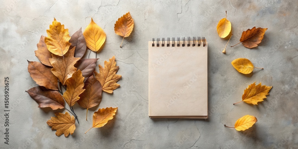 Poster a blank notebook surrounded by vibrant autumn leaves on a textured background