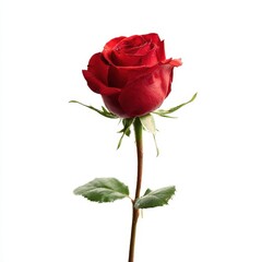 Fototapeta premium Single, elegant red rose with a long stem and lush green leaves, presented against a clean, white backdrop. Ideal for romantic concepts