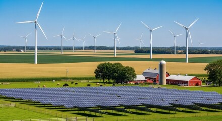 Sprawling Farm with Vast Corn and Wheat Fields Under a Bright Blue Sky, Towering Wind Turbines, Elevated Solar Panels, Red Barn, Classic Silo, Lush Pastures, Grazing Cows, and a Balance of Tradition a