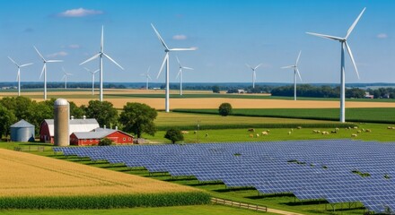 Sprawling Farm with Vast Corn and Wheat Fields Under a Bright Blue Sky, Towering Wind Turbines, Elevated Solar Panels, Red Barn, Classic Silo, Lush Pastures, Grazing Cows, and a Balance of Tradition a