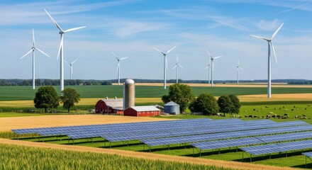 Sprawling Farm with Vast Corn and Wheat Fields Under a Bright Blue Sky, Towering Wind Turbines, Elevated Solar Panels, Red Barn, Classic Silo, Lush Pastures, Grazing Cows, and a Balance of Tradition a