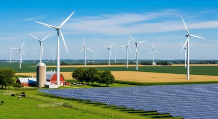 Sprawling Farm with Vast Corn and Wheat Fields Under a Bright Blue Sky, Towering Wind Turbines, Elevated Solar Panels, Red Barn, Classic Silo, Lush Pastures, Grazing Cows, and a Balance of Tradition a