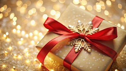 A beautifully wrapped gift adorned with a golden snowflake and a vibrant red ribbon, nestled among twinkling lights.