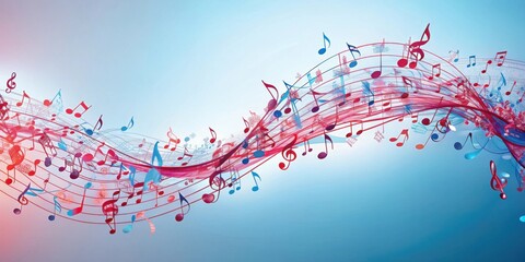 Fototapeta premium Abstract Symphony A vibrant wave of red and blue musical notes dance on a light blue background, creating a visually captivating musical composition.