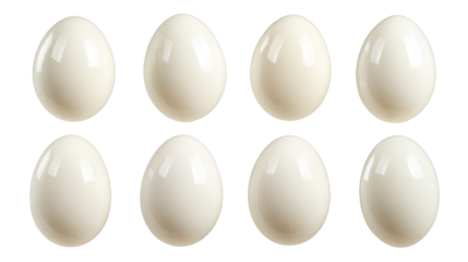 Eight Smooth Peeled and Glossy Boiled Eggs Arranged in Two Rows