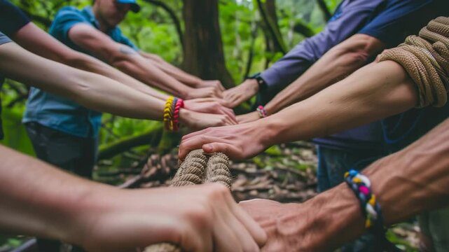 Teams engage in cooperative challenge with rope in lush forest setting during bright daylight hours in vibrant outdoor adventure activity