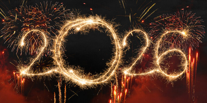 happy new year, new year's eve, silvester, new year, celebration greeting card, new year card - Year 2026 sparkler font text and firework fireworks pyrotechnic, isolated on black night sky background. - Powered by Adobe