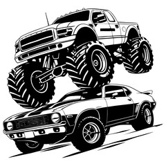 Black and White Vector Illustration of Monster Truck and Classic Car © shinheo